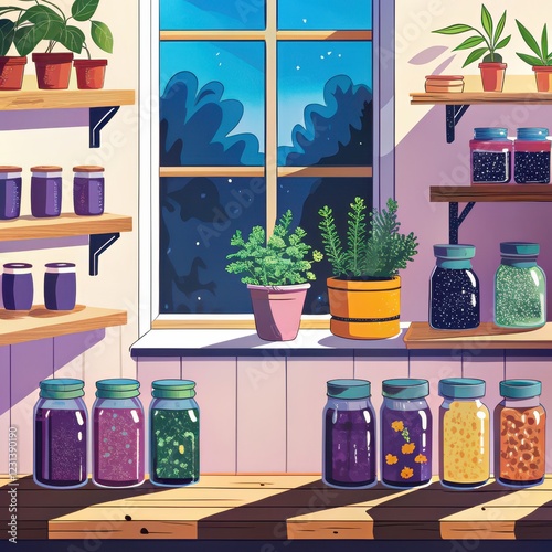 Wallpaper Mural Serene Kitchen Windowsill with Herbs Jars and Plants at Night Torontodigital.ca