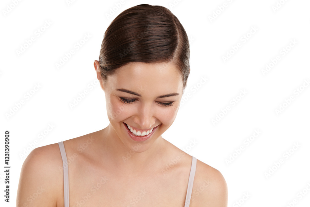 Skincare, woman and laughing with beauty in studio for collagen treatment, skin hydration or glowing results. Mockup space, person or confidence with cosmetics on white background for funny self care Skincare, woman and laughing with beauty in studio for collagen treatment, skin hydration or glowing results. Mockup space, person or confidence with cosmetics on white background for funny self care