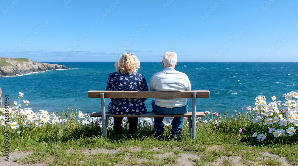 Fototapeta premium Senior couple enjoys coastal view, flowers blooming, sunny day, relaxation