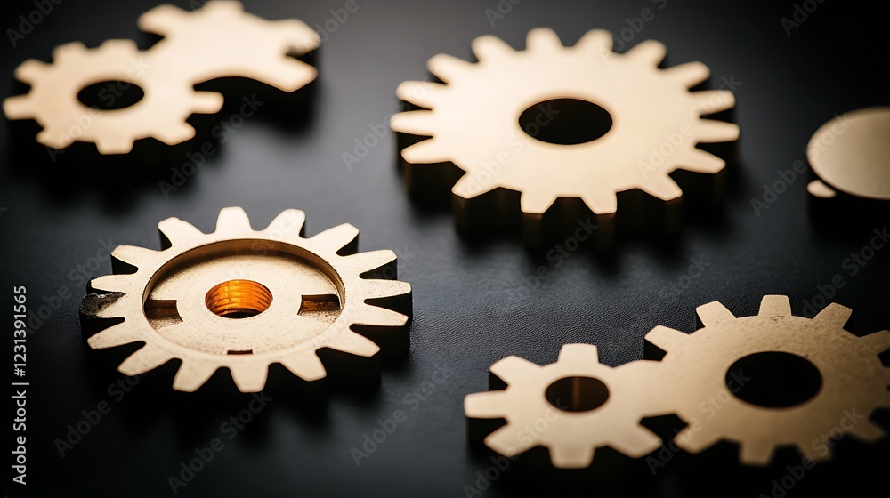Gold gears on dark background, mechanism, technology Gold gears on dark background, mechanism, technology