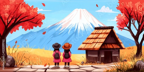 Autumn Journey Girls Gaze Upon Majestic Mountain Peak photo