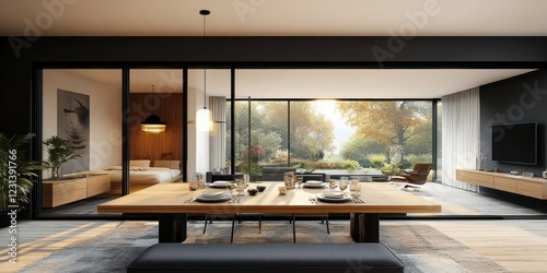 Modern Scandinavian Dining Room with Large Wooden Table and Natural Light