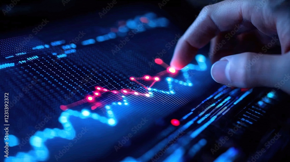 Hand touching a virtual financial chart, data points lighting up on contact, business technology theme Hand touching a virtual financial chart, data points lighting up on contact, business technology theme