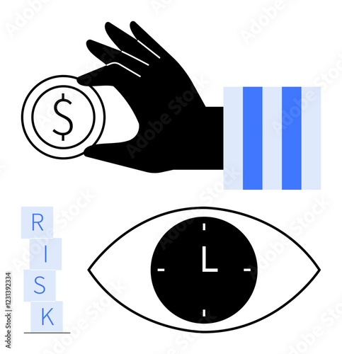 Black hand holding coin, clock within an eye, stacked RISK blocks, blue accents. Ideal for finance, time management, investment, decision-making, risk analysis planning abstract line flat metaphor