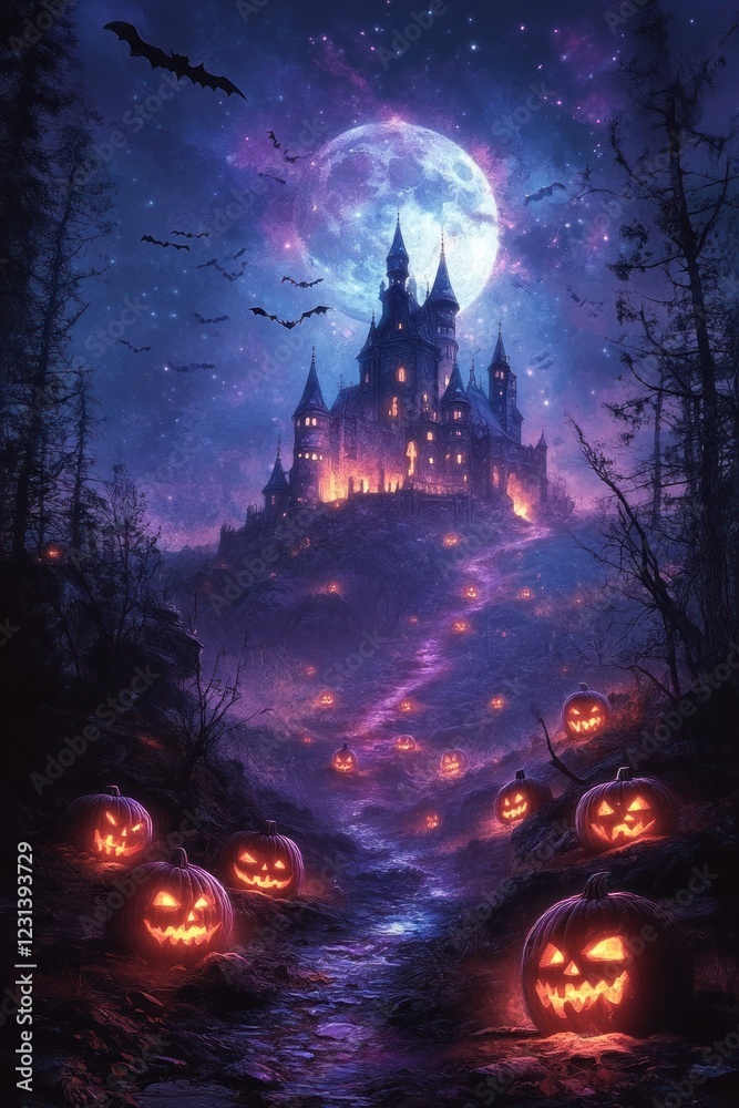 Halloween Castle Scene with Full Moon, Jack-o'-Lanterns, Eerie Trees, and Bats in a Surreal Gothic Style Halloween Castle Scene with Full Moon, Jack-o'-Lanterns, Eerie Trees, and Bats in a Surreal Gothic Style