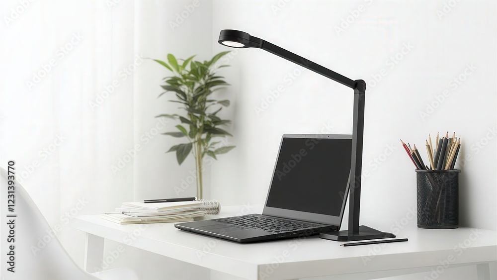 Modern Workspace with Laptop, Desk Lamp, and Green Plant Modern Workspace with Laptop, Desk Lamp, and Green Plant