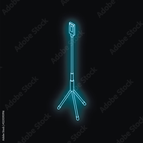 Neon glowing smartphone on a tripod, representing mobile photography, vlogging, or live streaming
