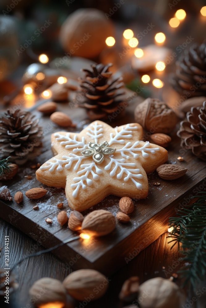Cozy Holiday Still Life of Snowflake Cookie Nuts Pine Cones and Warm Fairy Lights on Rustic Wooden Table Cozy Holiday Still Life of Snowflake Cookie Nuts Pine Cones and Warm Fairy Lights on Rustic Wooden Table