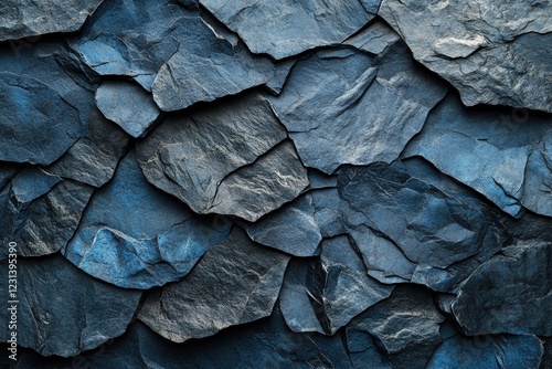 Close up view of a textured blue rock wall with natural patterns and details photo