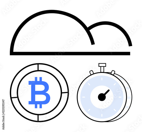 Cloud icon with Bitcoin coin and stopwatch representing cryptocurrency, cloud storage, and time optimization. Ideal for fintech, blockchain, cloud services, time management, investment, digital