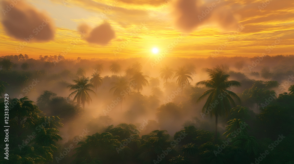 Obraz premium Breathtaking morning view of a rainforest with glowing sunlight and rolling mist