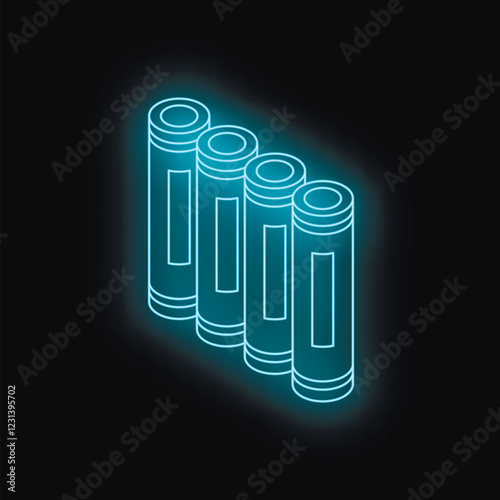 Four cylindrical glowing blue battery cells arranged in a diagonal line on a black background, representing energy storage and power