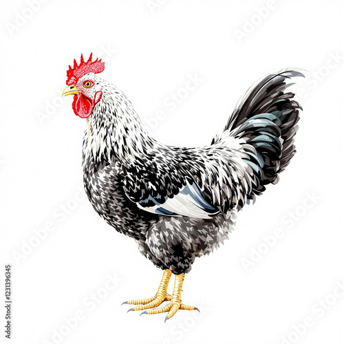 Chicken with black and white feathers illustration isolated on white background