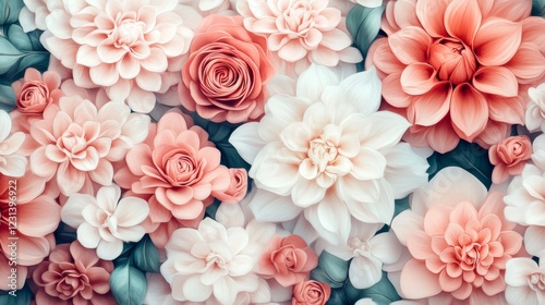 Floral Paradise: A Symphony of Peach and White Dahlias and Roses