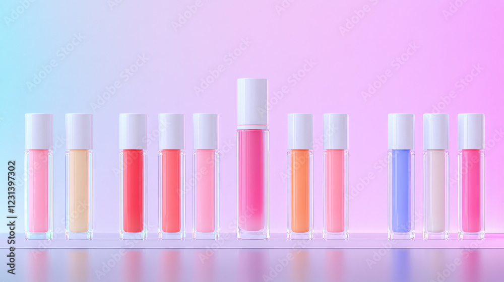 Row of lip glosses in various pastel shades against a vibrant, colorful background. A beauty product display. Row of lip glosses in various pastel shades against a vibrant, colorful background. A beauty product display.