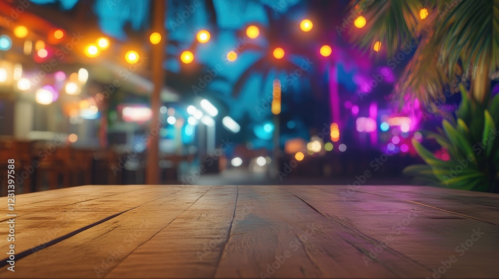 A lively Miami bar setting with rainbow bokeh lights in the background, featuring an empty wooden table ideal for product display or promotional content