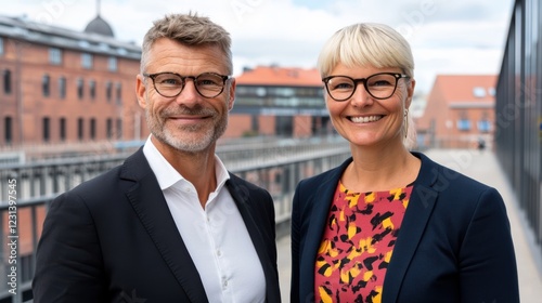 Smiling partners in business attire stand confidently in an urban backdrop, radiating teamwork.