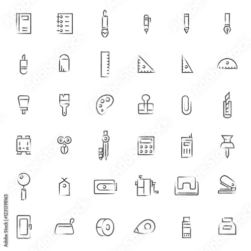 筆書き学校道具関連のアイコンセット