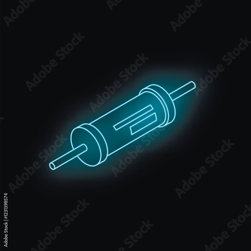 Neon blue isometric syringe glowing on dark background, representing healthcare, vaccination and medical treatment