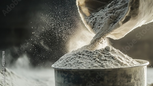 Pouring Cement Powder into a Container with Dust Clouds