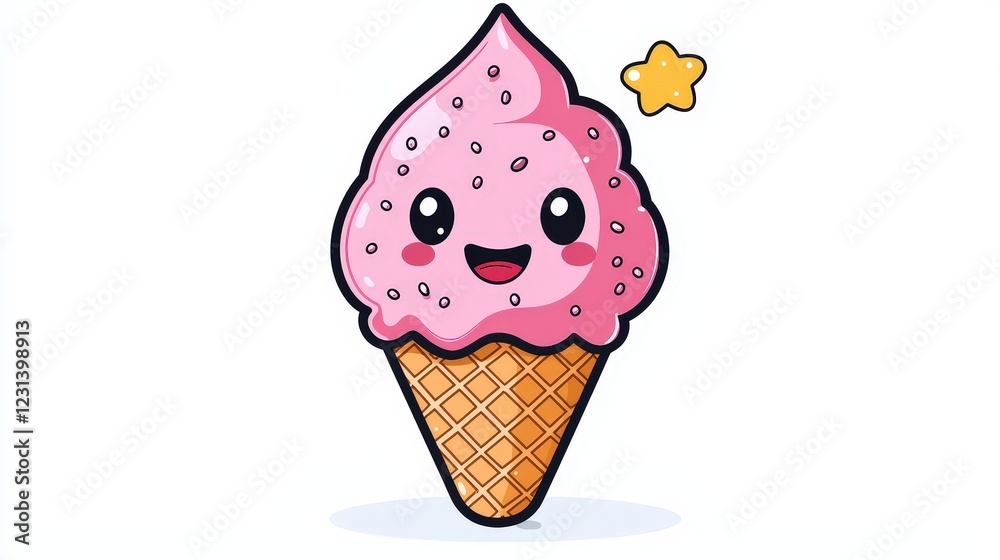 Adorable Pink Ice Cream Cone Character Smiling with a Star Adorable Pink Ice Cream Cone Character Smiling with a Star