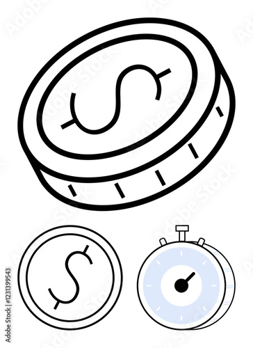 Coin with dollar sign and stopwatch highlight time-money connection, efficiency, and productivity. Ideal for finance, time management, business strategy, cost-saving, budgeting, deadlines abstract