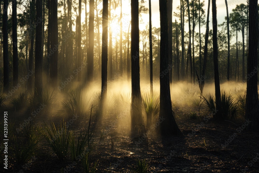 Obraz premium Sunbeams illuminate misty pine forest at sunrise.