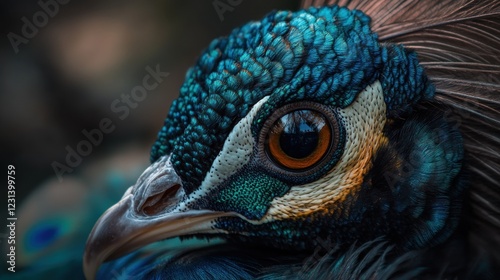 Close-up of a peacock's head, showcasing its vibrant iridescent feathers and expressive eye.
