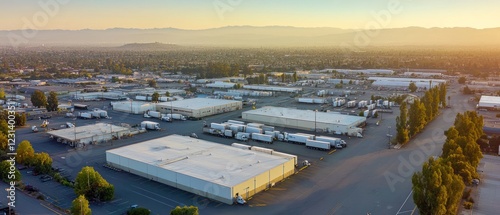 Aerial view of industrial park at sunrise, featuring numerous warehouses and semi-trucks.