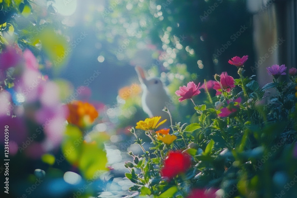 White rabbit amidst vibrant colorful flowers in sunlight. White rabbit amidst vibrant colorful flowers in sunlight.
