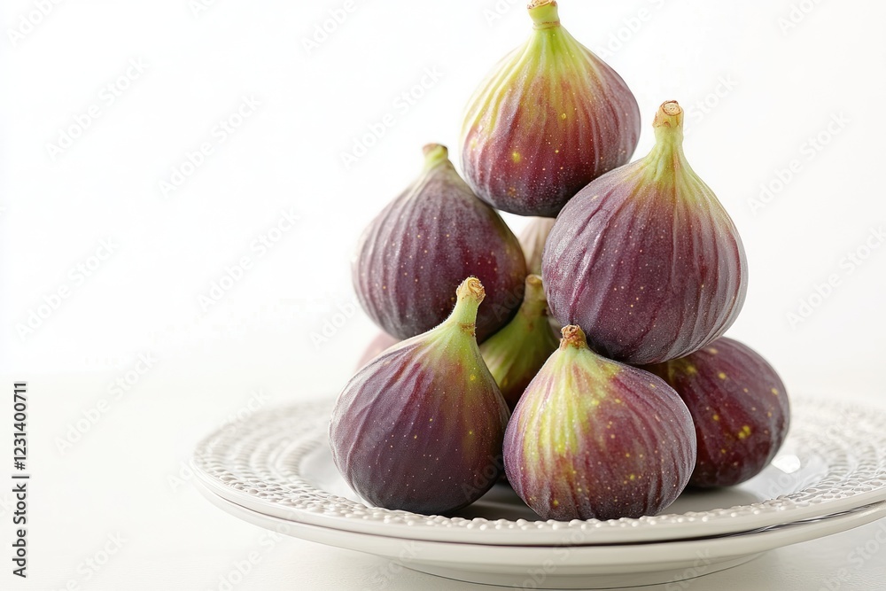 Fototapeta premium A plate of ripe purple figs arranged in a pyramid shape against a white background.