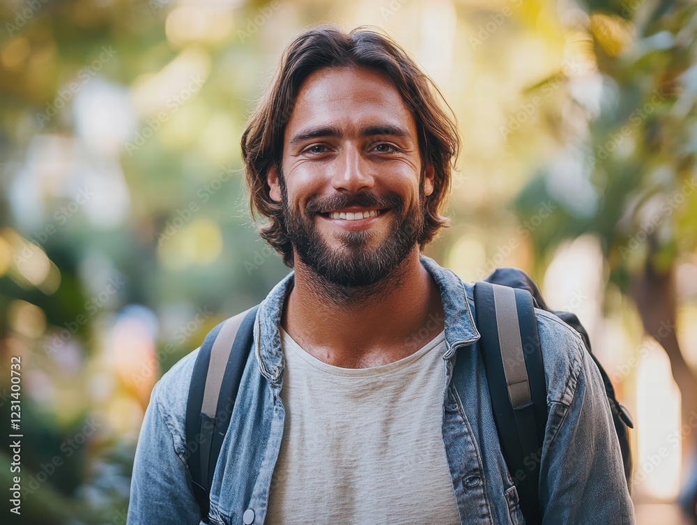 A bearded man with a soft smile, standing outside in nature with a backpack, wearing a casual shirt and jeans. A bearded man with a soft smile, standing outside in nature with a backpack, wearing a casual shirt and jeans.