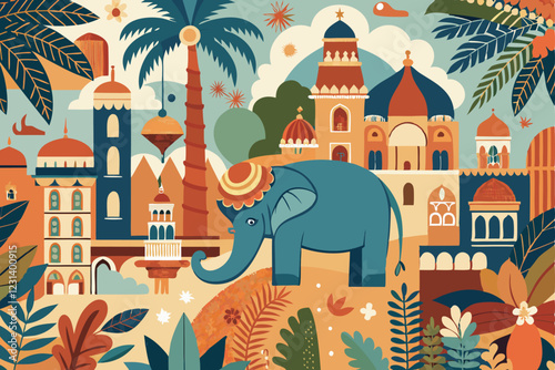 Elephant, peacock, palms and architecture in the town oriental seamless pattern Background