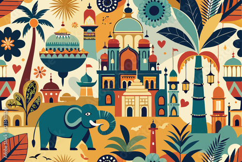 Elephant, peacock, palms and architecture in the town oriental seamless pattern Background
