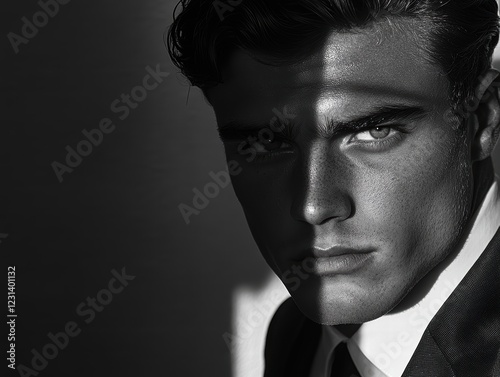 A black-and-white portrait of a handsome man with a strong jawline, wearing a suit, with dramatic shadows emphasizing his features. photo