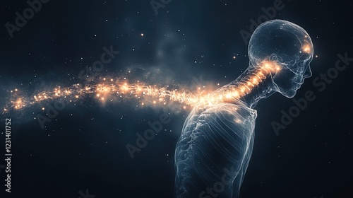 A surreal artistic X-ray of a human spine glowing with abstract light patterns