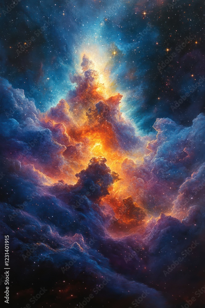 Fototapeta premium Cosmic Nebula Scene Surrealism in Vibrant Blues and Purples Ethereal Lighting Space Art