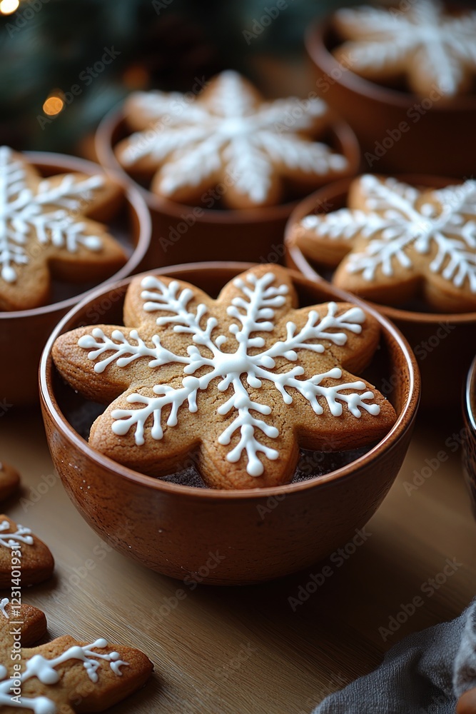 Gingerbread Cookies with Snowflake Icing on Rustic Wooden Table with Cinnamon Sticks and Star Anise for a Cozy Holiday Decoration