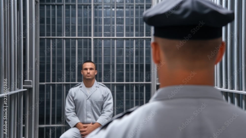 Fototapeta premium A prison guard standing outside a cell, speaking through the bars to a seated prisoner wearing a gray jumpsuit.