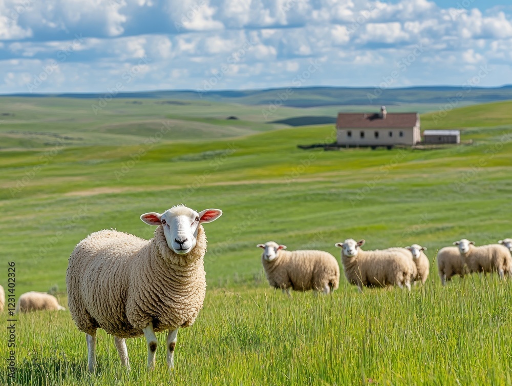 Sheep flock grazing in a vast green pasture with a farmhouse in the background under a partly cloudy sky. Sheep flock grazing in a vast green pasture with a farmhouse in the background under a partly cloudy sky.