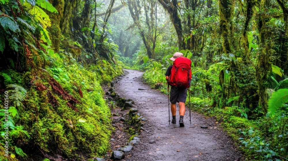 Fototapeta premium Hiker on misty rainforest trail.