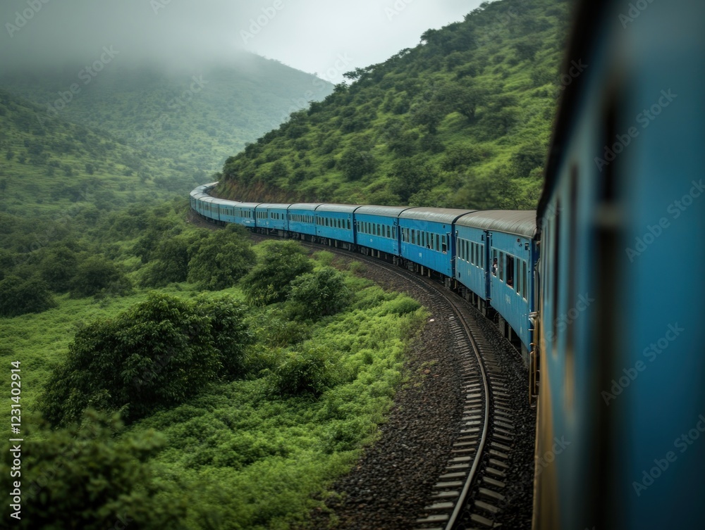 Scenic train journey through lush green mountains. Scenic train journey through lush green mountains.
