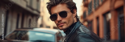 A close-up of a man with a fashionable hairstyle, wearing sunglasses and a leather jacket, standing in front of a sleek, modern car in an urban area. photo