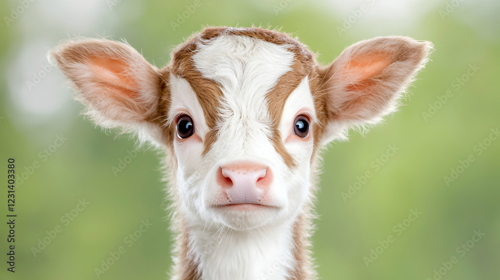 Fototapeta premium Cute calf portrait, green pasture background, farm animal