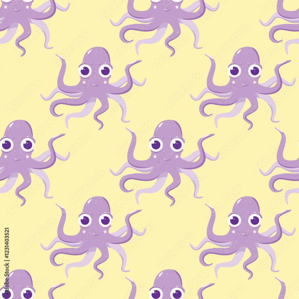 Naklejka premium Vector seamless pattern with purple octopuses on a yellow background. Colorful cute drawing for kids about swimming and sea creatures. Suitable for children's design, wallpaper, fabric. Children's pri