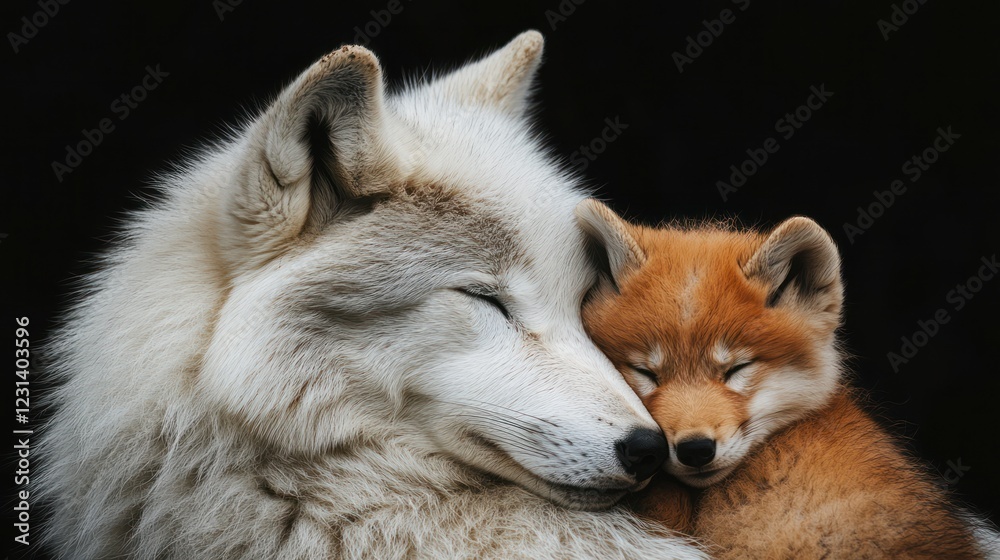 Obraz premium Arctic wolf cuddling pup, dark background, wildlife sanctuary, nature poster