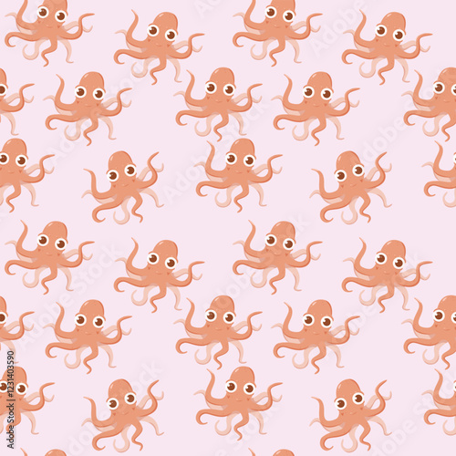 Vector seamless pattern with orange octopuses on a purple background. Colorful cute drawing for kids about swimming and sea creatures. Suitable for children's design, wallpaper, fabric. Children's pr