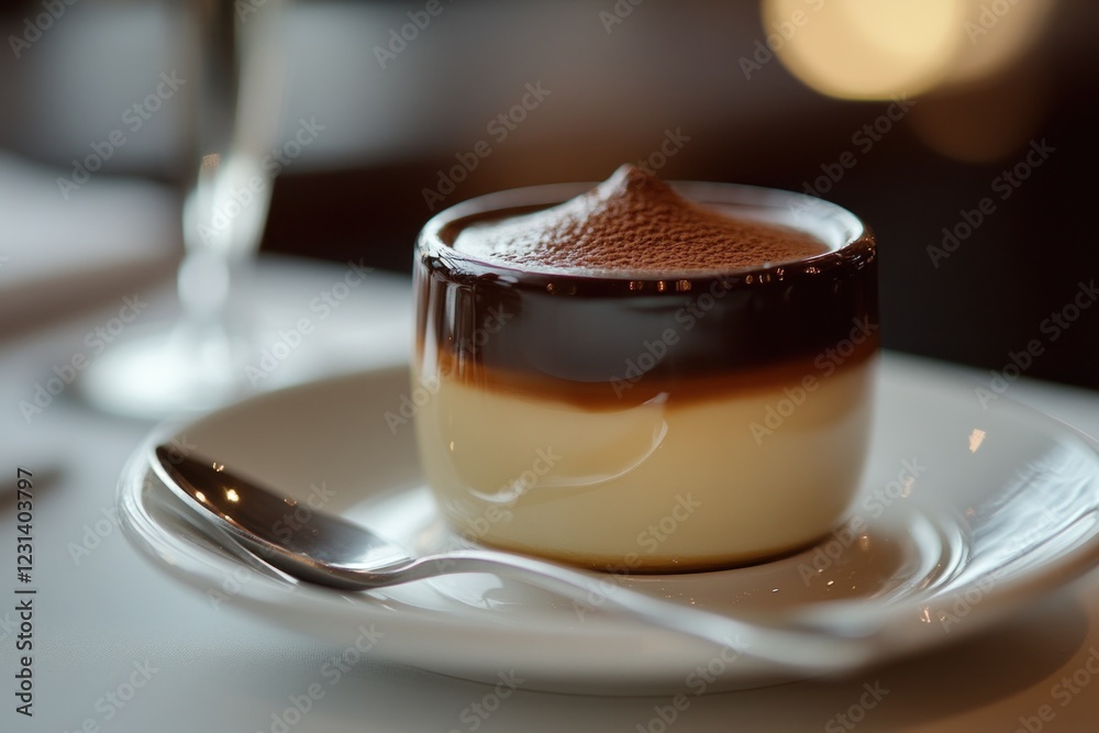 Close-up of creamy dessert in a glass, layered with chocolate and cocoa powder on top, served on a saucer with a spoon. Close-up of creamy dessert in a glass, layered with chocolate and cocoa powder on top, served on a saucer with a spoon.