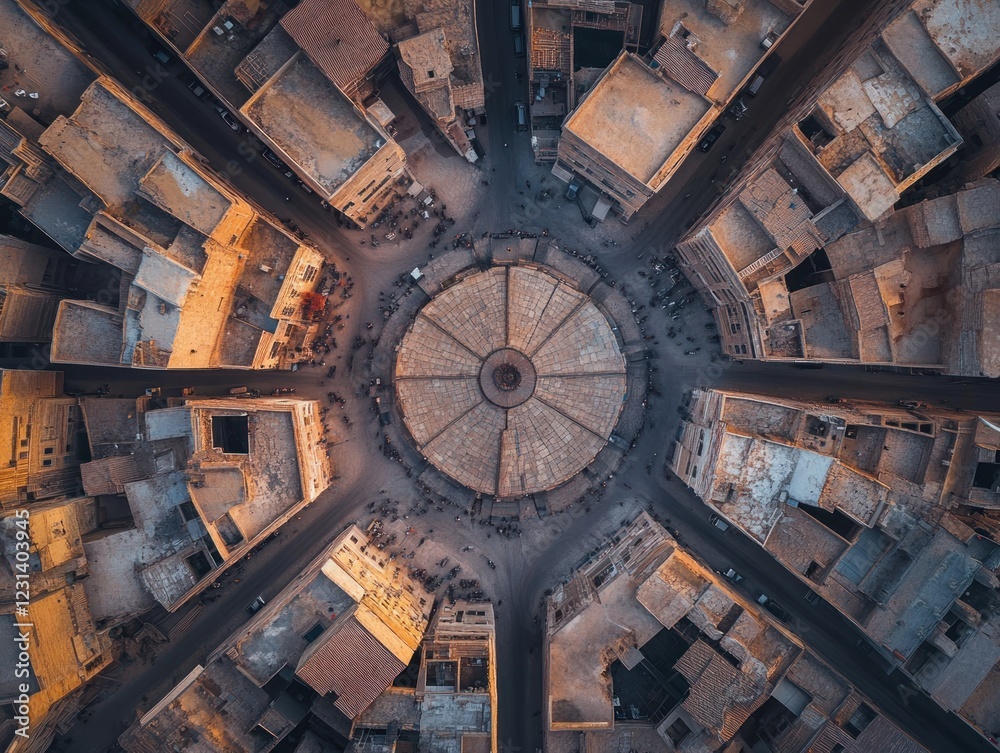 Aerial view of a circular plaza surrounded by buildings in a city. Aerial view of a circular plaza surrounded by buildings in a city.
