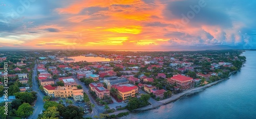 Aerial View of Coastal Town at Sunset Vibrant Colors Impressionist Style Architecture and Greenery photo